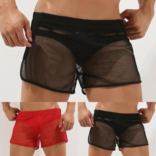 Sexy Boxer Shorts Underwear Summer Loose Lounge Gay Panties Underpants Men See-through Mesh Nightwear Casual Shorts Sleepwear
