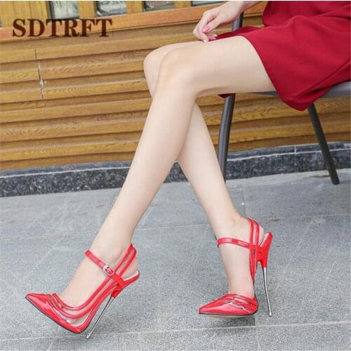 SDTRFT shoes woman Crossdresser Sandals Pointed Toe Gladiator Pumps 16cm Ultra high thin heel Buckle Nightclub Hollow Stiletto