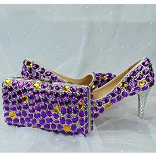 Ladies Purple Crystal Party Dress Shoes With Matching Bags Women Wedding High Heels Bride Fashion Platform Round Toe Thin Heels