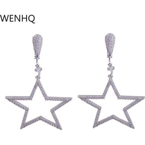 WENHQ Korea Style Big Five-pointed Star Moon Clip on Earrings Fashion Bridal Rhinestone CZ Earrings Fake Piercing New Arrival