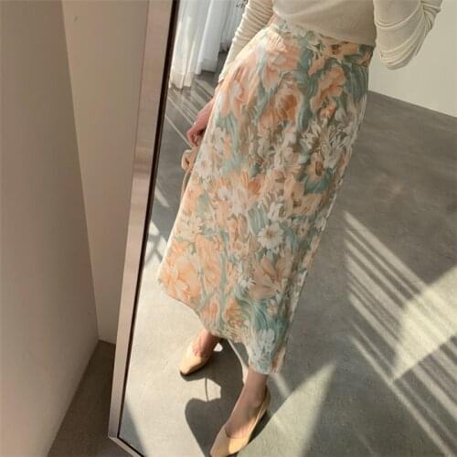 Limiguyue Spring Summer Soft Elegant Floral Print Women Skirt Elastic Waist Bodycon Female midi skirts beach boho Long Jupe K363