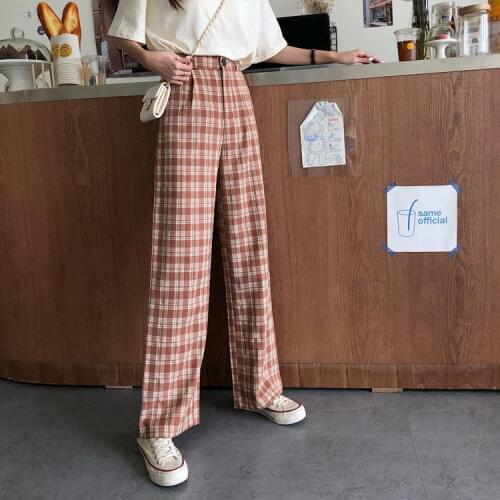Bella Philosophy plaid pants vintage wide leg pants trousers female casual high waist korean style Straight Streetwear pants