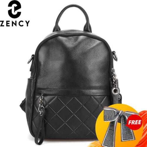 Zency 100% Genuine Leather Vintage Women Backpack Elegant Black Daily Holiday Knapsack Casual Travel Bags Girls Schoolbag White