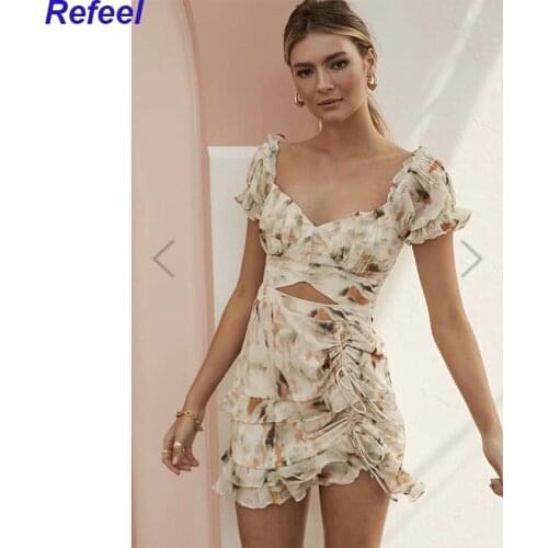 Women Elegant Dress Tropical Print Tie Dye Cutout Drawstring Dress Sexy Summer Vacation Dress