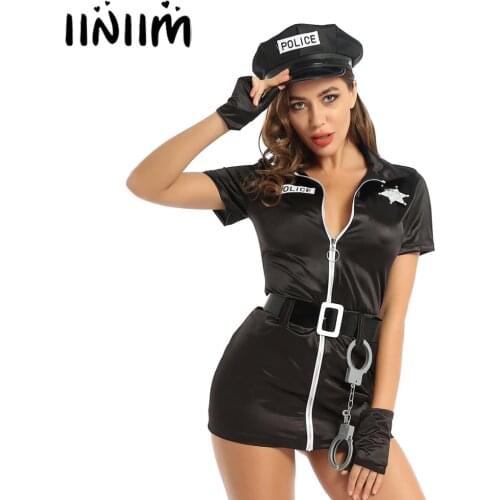 Women Police Officer Costume Halloween Parties Clubwear Uniform Dresses Turn-down Collar Bodycon Mini Dress with Hat Badge Cuffs