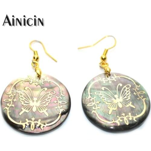 Gold Butterfly Round Shape Abalone Shell Hook Earrings Fashion Women Jewelry Gift 10pairs/lot