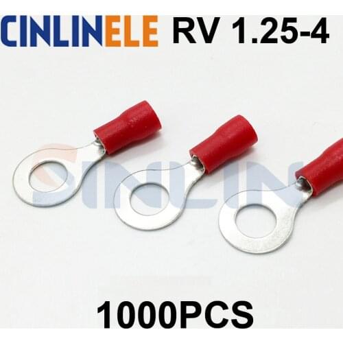 1000pcs Crimp Terminal RV1.25-4 22-16AWG 0.25-1.65mm^2 Crimp terminals Red Ring Terminal Brass RV1-4
