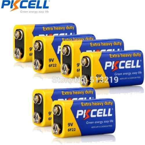 6 X PKCELL 9v-6f22 MN1604 Electronic thermometer Batteries Carbon Zinc Super Heavy Duty Batteries