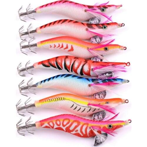 70PCS 11g 10cm Squid Jig Fishing Wood Shrimp Lure Luminous Squid Cuttlefish Jigs Lures Wood Shrimp with 2.5# Hook
