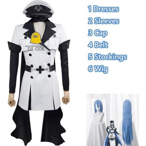 Akame Ga KILL Jaegers Esdeath Cosplay Costume Black Uniform White Outfit Halloween Costume Women Anime Blue Long Straight Wig