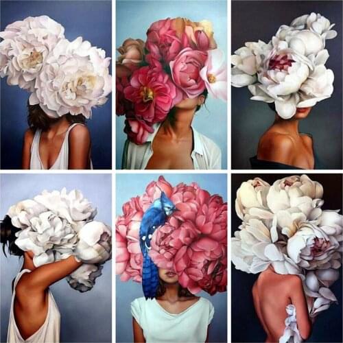 Huacan 5D Diamond Painting Portrait Girl Flower Diamond Mosaic Embroidery Cross Stitch Woman Home Decor