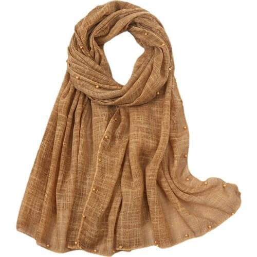 AMYO High Quality Long Cotton Headscarf Women Monochrome Sprinkled Gold Pearl Scarf Muslim Hijab Shawl