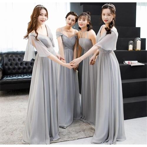 4 Style Bridesmaid Dresses Long Chiffon Grey Lace Up Back Pleated Formal Wedding Party Gowns VS24