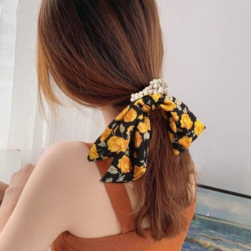 Flower Ribbon Large Bow Elastic Hair Bands Pearl Scrunchies Hair Tie Rope Retro Cute Hairbands Girls Hair Accessories for Women