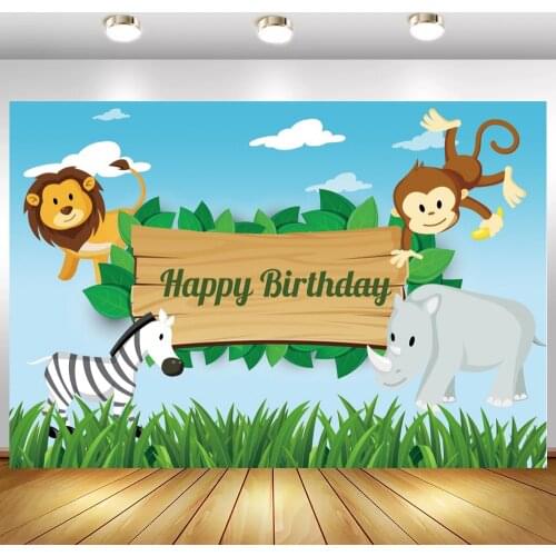 Green Grassland Blue Sky Cartoon Lion Monkey Kids Birthday Backdrops Animals Newborn Baby Shower Table Decor Photo Backgrounds