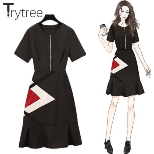 Trytree 2021 Summer Womens Dress Casual O-neck Zipper Elegant Ruffled Hem Geometry Splicing Office Lady Knee-Length Black Dress