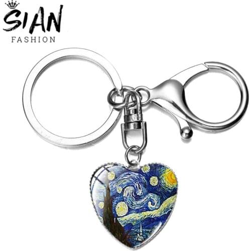 SIAN Hot Starry Night Van Gogh Painting Series Keychains Sunflower Abstract Art Pattern New Design Glass Heart Keyring Chaveiro