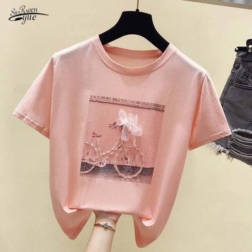 Fashion shirt O-neck T-shirt 2021 Printed Ladies shirt Summer short-sleeved pink shirt Ladies top 4767 50