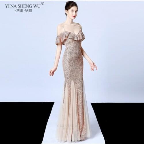 New Style Women Evening Gown Dress Silver Sequins Mermaid Suspenders Off Shoulder Elegant Evening Long Party Dresses Adult