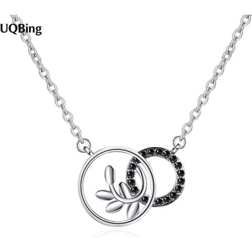 Double Circle Round Black Rhinestone Leaves Pendant Necklaces 925 Sterling Silver Jewelry