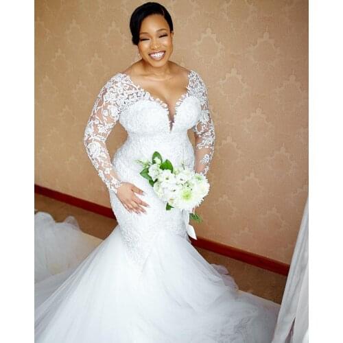 Stunning 2021 Plus Size Mermaid Wedding Dresses with Long Sleeves Sweep Train Lace Applique Bridal Gown with Beads Custom made