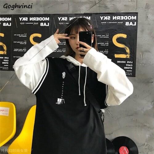 With Hat Hoodies Women Spring Patch Designs Printed Panelled Pocket Thin Harajuku Korean Leisure Trendy Loose Teens BF Ins New