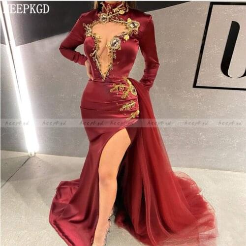 Sexy Long Sleeves Burgundy Arabic Evening Dress With Slit Open Chest Gold Beads Plus Size Prom Gowns Long Formal Occasion Dress