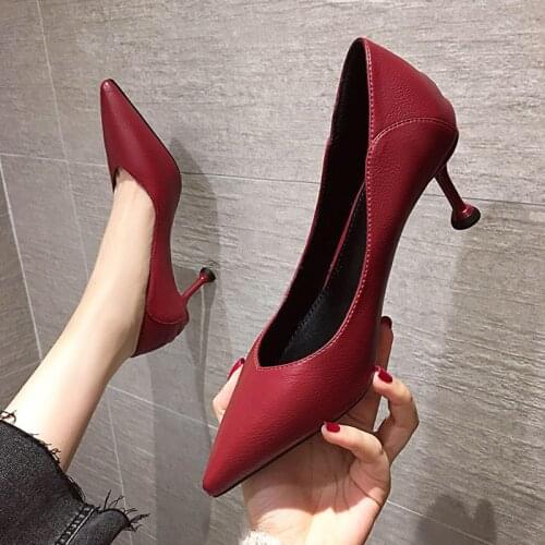 Autumn soft leather high heels women 2021 new wild wine red shallow mouth pointed stiletto women