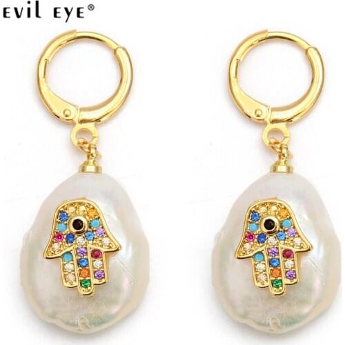 EVIL EYE Hamsa Hand Pearl Drop Earrings Gold Color Micro Pave Zircon Dangle Earrings Fashion Jewelry for Women Ladies EY6455