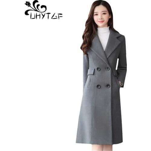 UHYTGF Winter woolen coat Double-breasted elegant women long coats Solid color lapel quality wool coat abrigos mujer invierno285