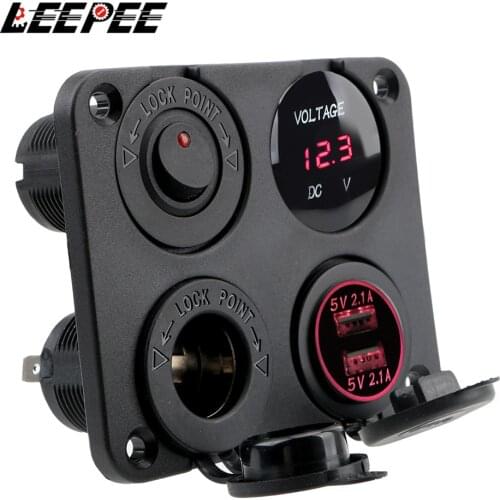 12V Power 4 In 1 Switch Panel Waterproof Digital Voltmeter Car Dual Usb Charger Socket Cigarette Lighter With Rocker Switch