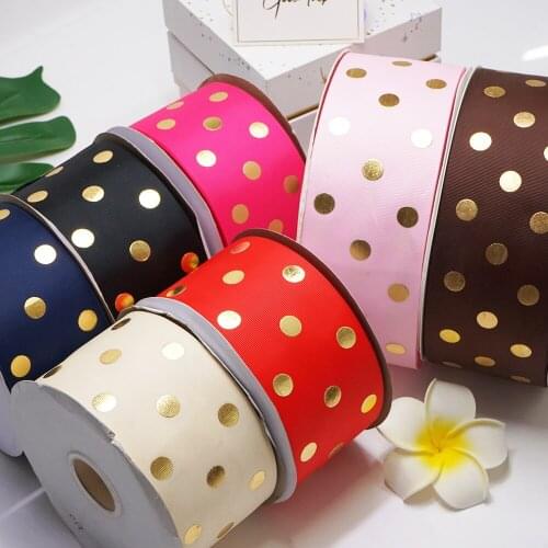 Free shipping 50 yard per color gold foil polka dots printed grosgrain ribbon