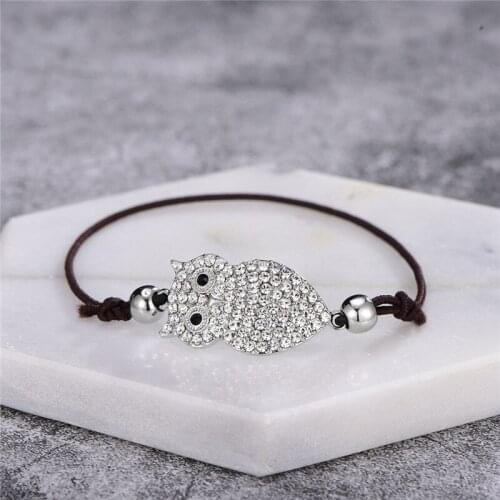 Clear Crystal Owl Charm Bracelet Black Eyes Cute Owl Adjustable Rope Chain bracelet Women Girl Gift Dropshipping 2019 Wholesale