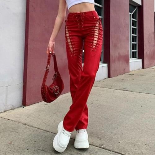 Hollow Out Bandage Hipster Straight Trousers Women 2021 Faux PU Leather Solid Fashion Street Style Pants Female Hot
