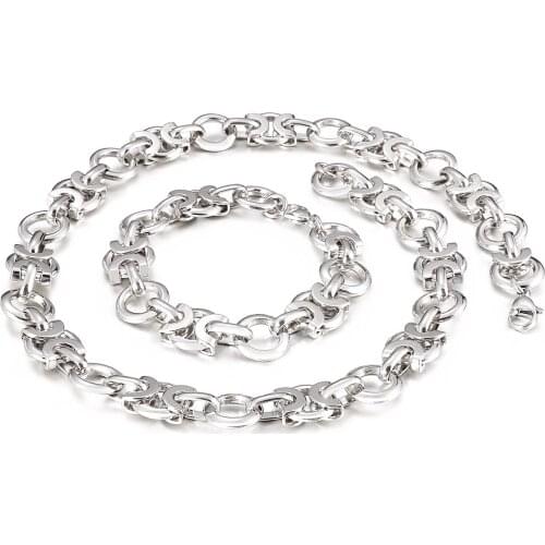112g Weight 15mm 20 inch + 8.26 inch Silver Stainless Steel Punk Hip-Hop Link Chain Necklace Bracelet Fashion Mens Jewelry Set