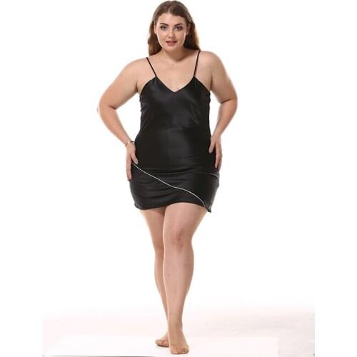 Black Satin Silk Nightdress Womens Big Size Imitation Silk Nightgowns Sexy V-Neck Sling Short Sleeping Dress Fat MM 3303