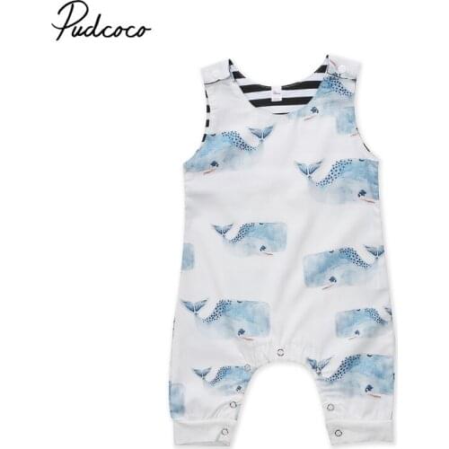 Pudcoco Cartoon Whale Newborn Baby Rompers Sleeveless Summer Baby Girl Boy Whale Printed Rompers Baby Clothing Blue 0-3T