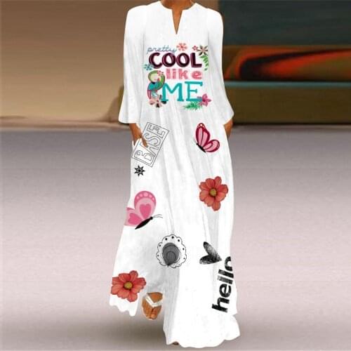 2021 Fall New Style V-neck Long-sleeved Printed Long Dress Fashionable Loose and Comfortable European and American Printed Dress