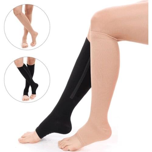 Open Toe Gel Support Stockings Compression Knee High Socks with Side Zipper H9