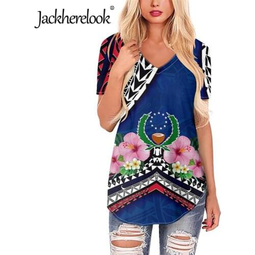 Jackherelook Pohnpei Tribal Polynesian Hibiscus Plumeria Print Plus Size T Shirts Casual Short Sleeve Tee Clothes Ladies Tshirt
