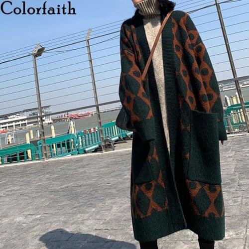 Colorfaith New 2020 Autumn Winter Womens Sweater Korean Big Pockets Fashionable Oversize Contrasting Long Cardigans SWC8379JX