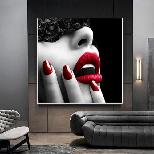 Black White Wall Art Picture Fashion Red Lips Sexy Model Girl Nordic Posters and Prints Wall Art Canvas Painting Home Decoration