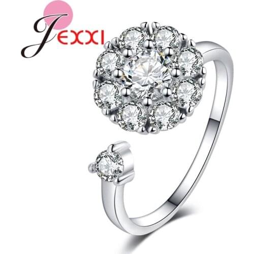 Sparklong 925 Sterling Silver Luxury Flowers Radiant Crystals Wedding Rings For Women Bridal Promise Ring Adjustable