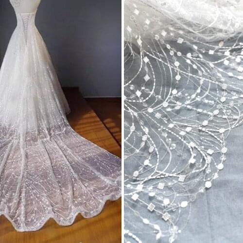 Europe Wave Tassel Sequins Embroidery Lace Fabric Wedding Dress DIY Decorative Accessories Width 135cm 1meter