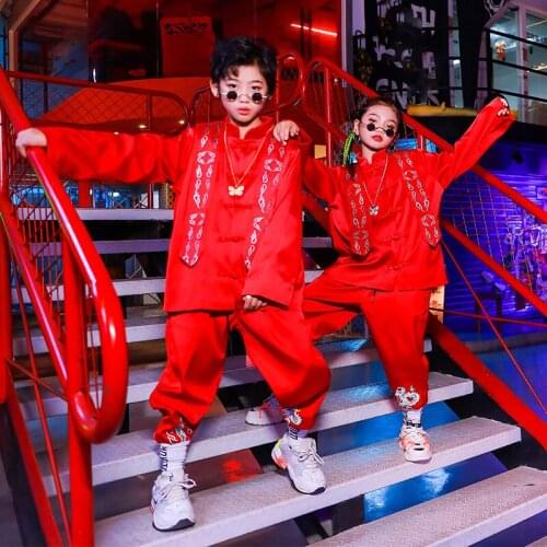 Fashion Chinese Style Loose Hip Hop Clothing Red Outfits Stage Wear Jazz Modern Dance Costumes Hip Hop Street Dance Wear DQS5963