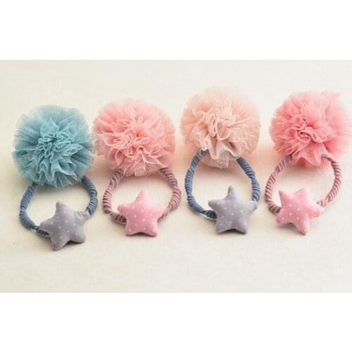 20pcs Fashion Cute Polka Dot Star Elastic Hair Bands Tulle Pom Pom Ball Ponytail Holder Princess Headwear Gilrs Hair Accessories