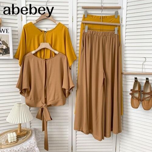 Fashion O-neck short sleeve backless bandage Top + elastic waist casual wide leg Pants two piece set 2021 New Summer Women