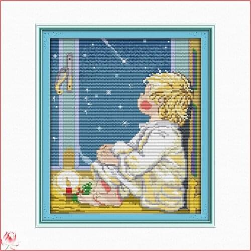 The Boy Looks At The Stars Pattern Cross Stitch Set 11 14CT DIY Printed On Canvas Handmade Cross Stitch Kit Home Decoration Gift