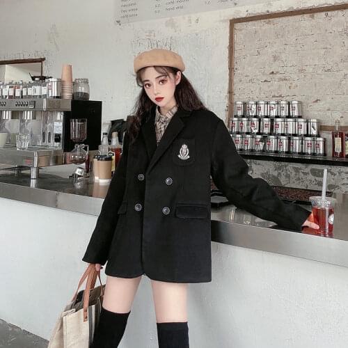 2020 New Women jacket Loose Black Preppy Style Woolen coat Notched collar Fashion baggy Suit coat female jacket