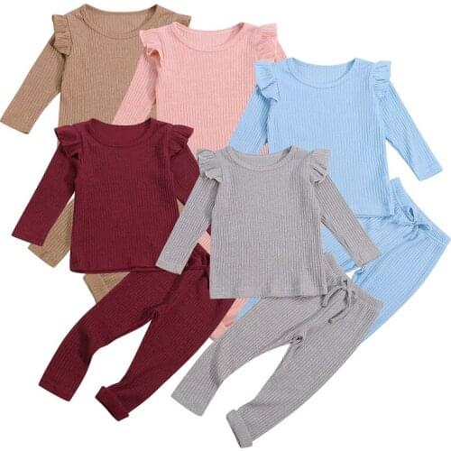 2-7Y Toddler Kids Baby Girl Solid Color Long Sleeve Knitting T-shirt Tops Long Pant 2PCS Casual Children Clothes Set
